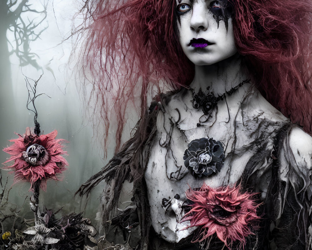 Person with dark gothic makeup in foggy woods with monstrous flowers