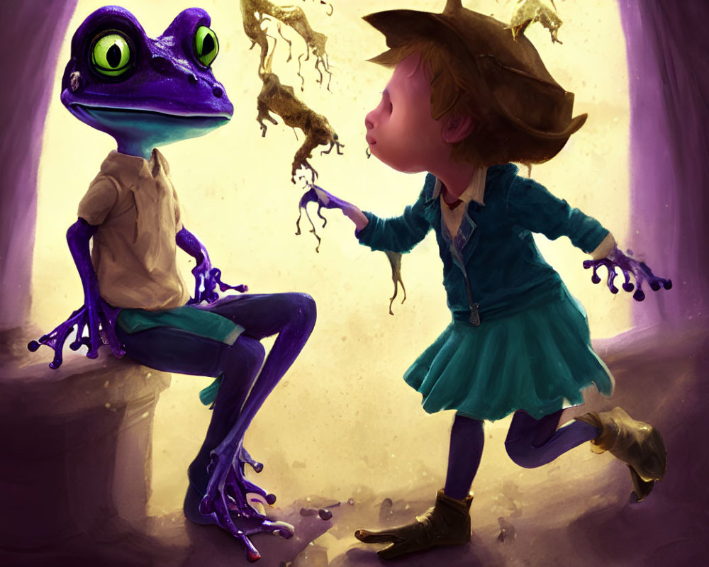 Illustration of girl in blue dress and hat with purple frog in surreal environment