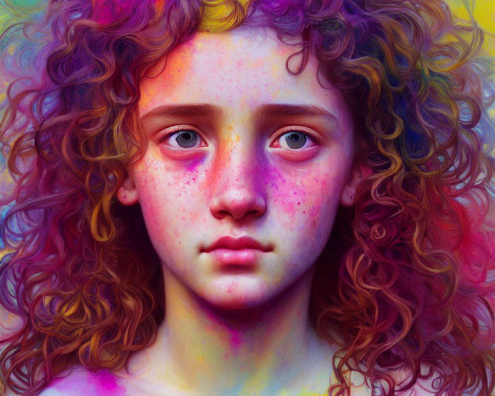 Vibrant portrait of young person with curly hair and colorful powder.