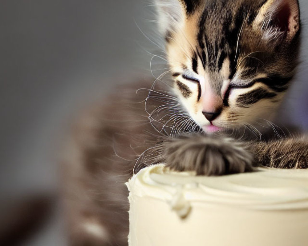 Striped kitten with closed eyes near white frosted cake on purple stand