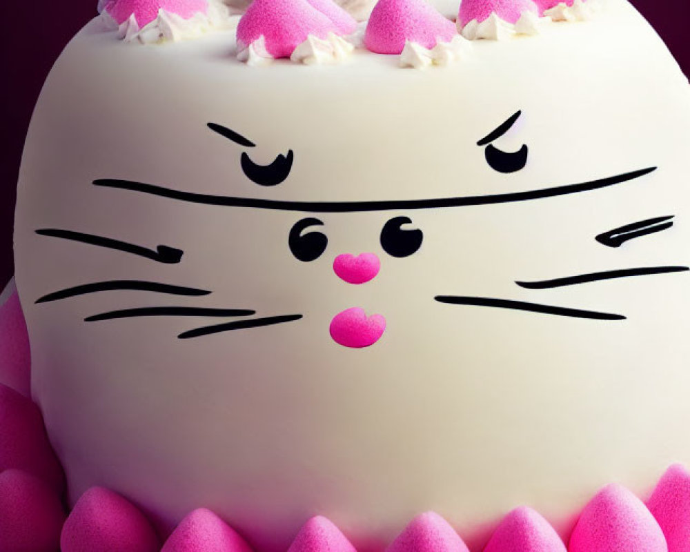 Adorable kitten on whimsical cat-themed cake with pink accents