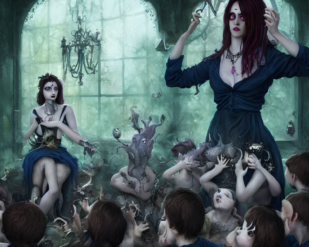 Gothic underwater scene with two women and eerie creatures