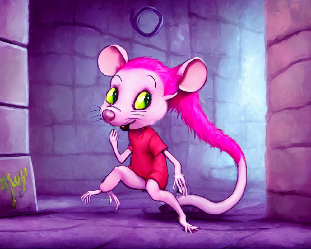 Pink mouse with green eyes in red shirt in purple stonewall room with 'Stop' graffiti