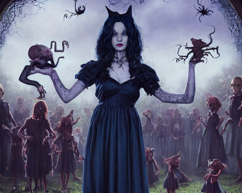 Gothic scene featuring pale woman in black dress with red eyes, odd creatures, and eerie forest