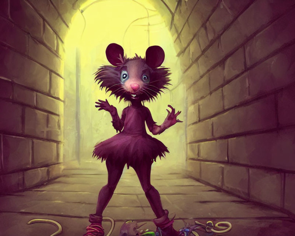 Anthropomorphic mouse in tutu and sneakers in dimly lit corridor