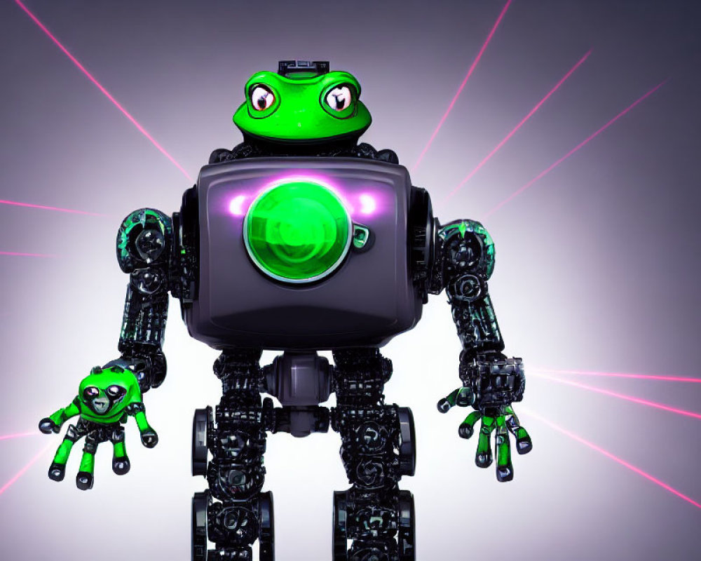 Sci-fi image with central robot, green eye, frog-like companion, pink laser backdrop