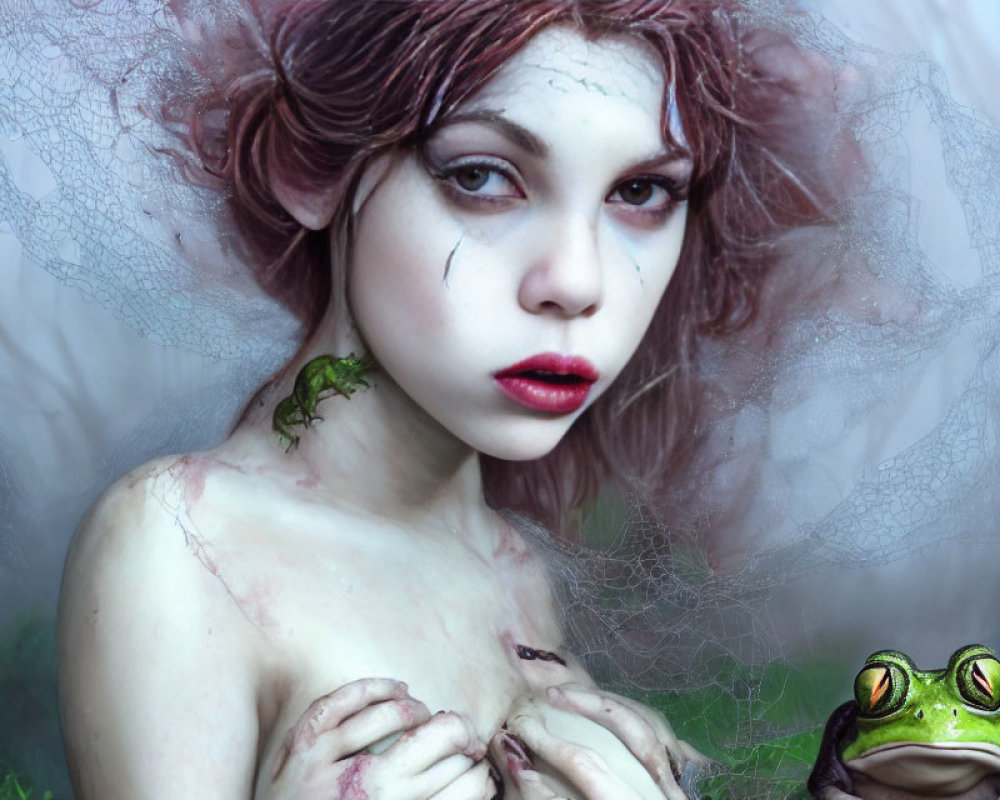 Fantasy-themed image of person with whimsical makeup and frog in foggy backdrop