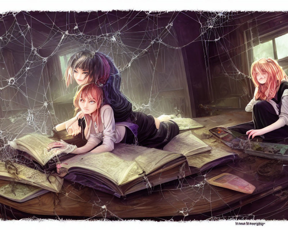 Three animated characters in an old room with cobwebs, two reading a large book, one holding a