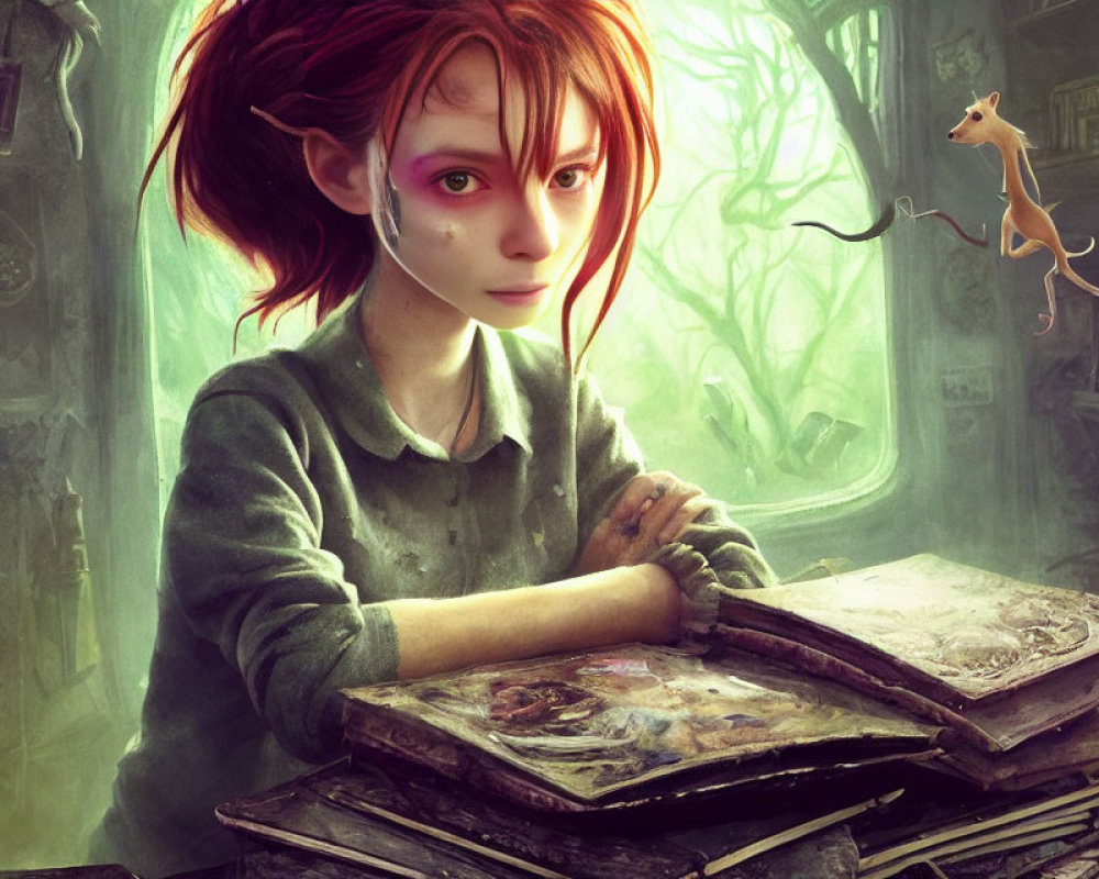 Red-haired girl with pointed ears studying book in cluttered magical room