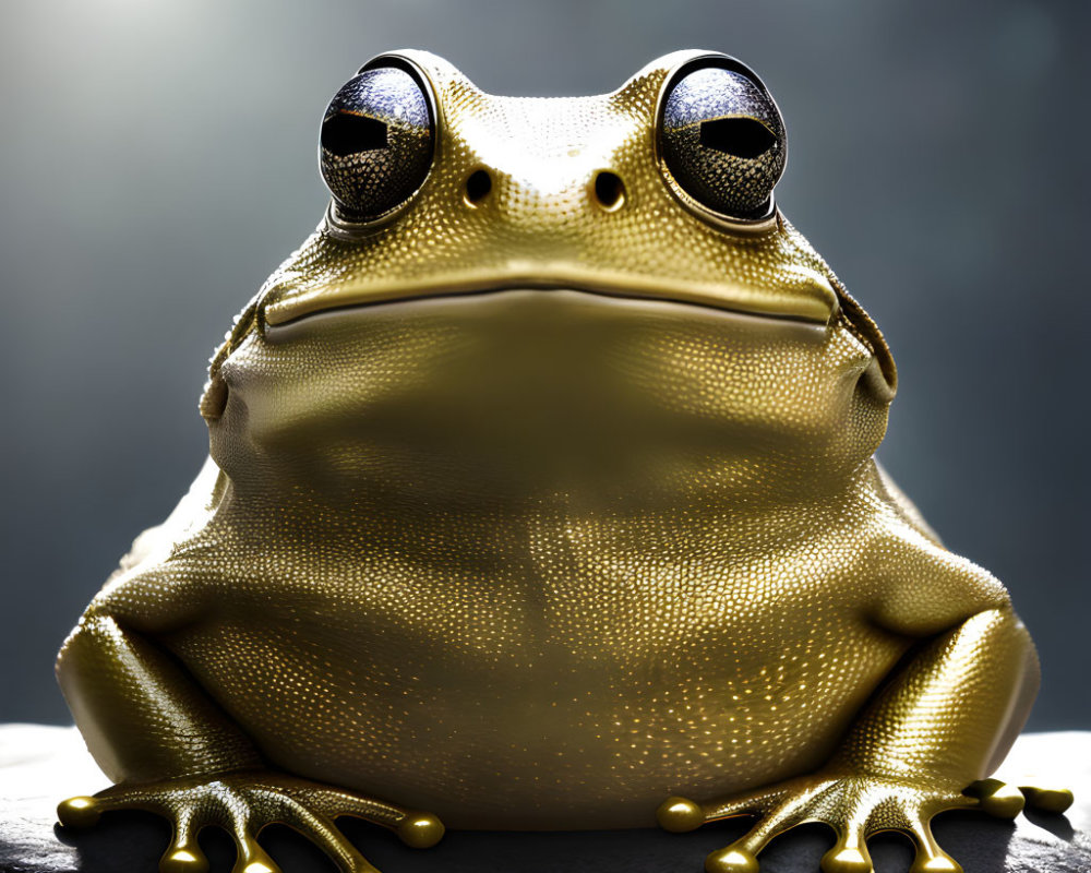 Golden-skinned frog with black eyes on dark background