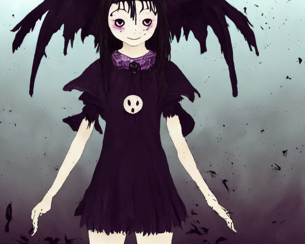 Dark-themed drawing of a girl with black wings and skull emblem in misty setting