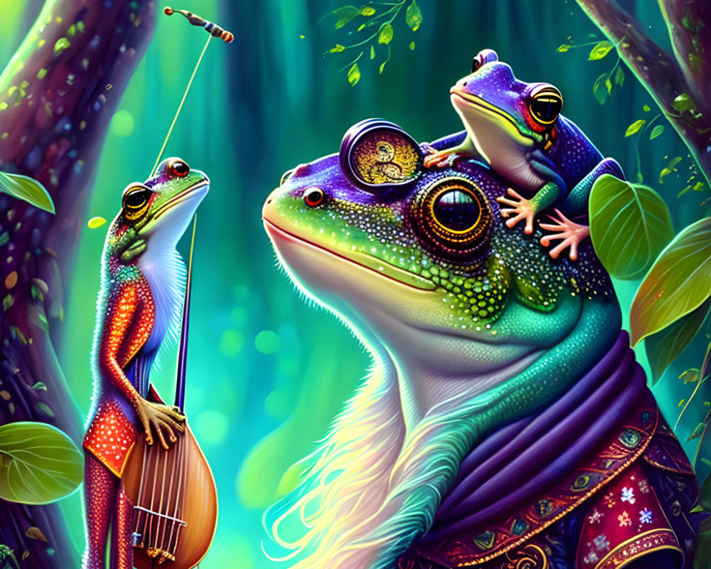 Vibrant whimsical frog illustration in ornate attire playing instruments