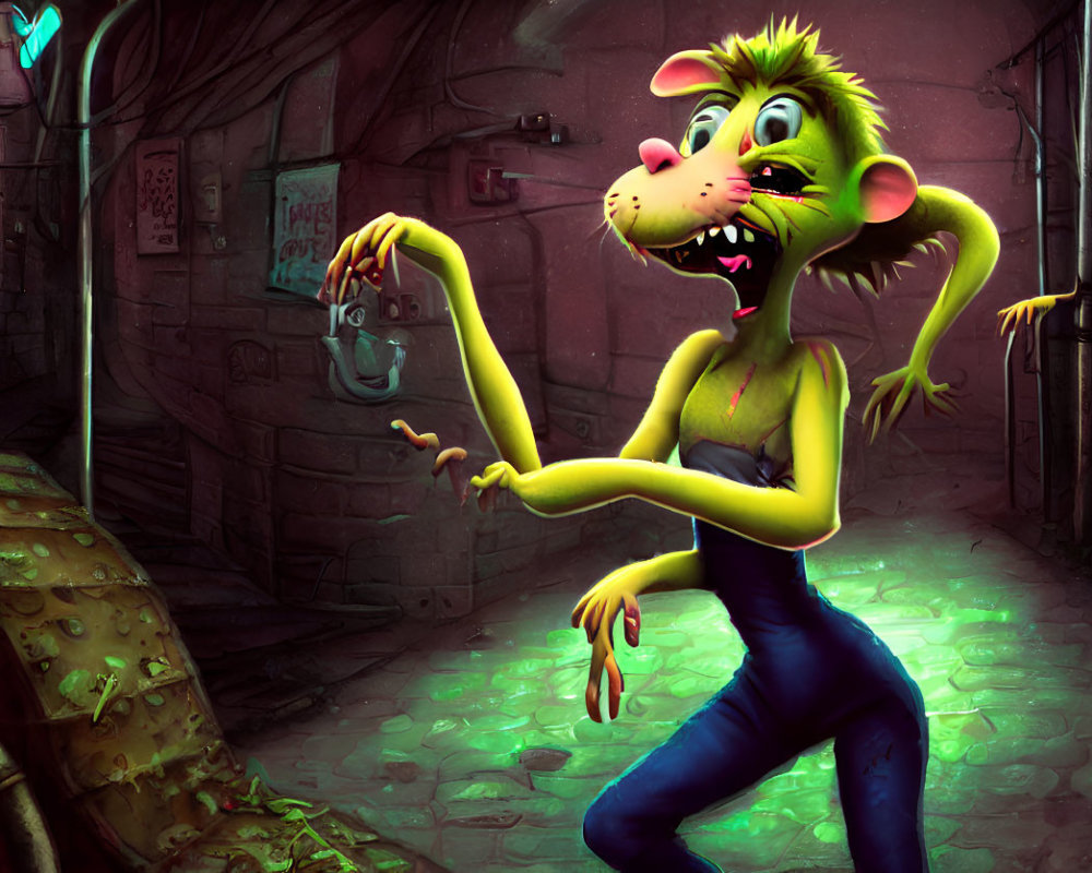 Anthropomorphic rat in jumpsuit in dark alley with raised hand, blue light, graffiti walls