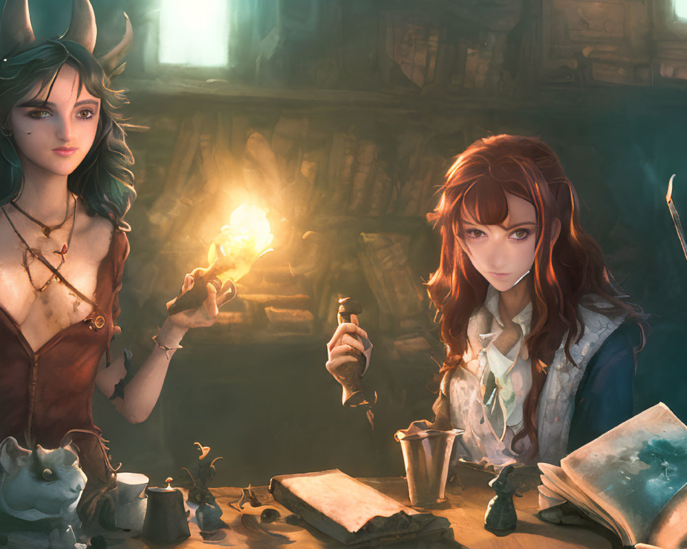 Fantasy-themed illustration with two female characters, glowing orb, mystical items, books, and a mouse