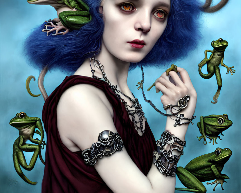 Surreal portrait of person with pale skin and blue hair adorned with frogs and silver jewelry on blue