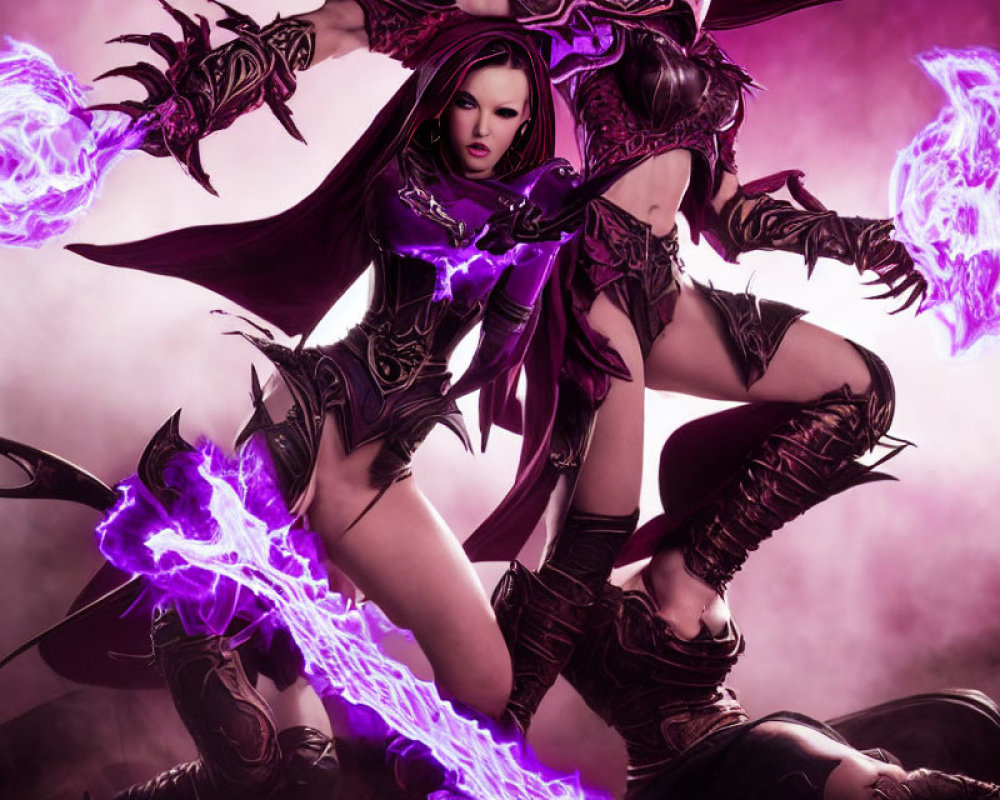 Fantasy female warrior in dark armor with purple magic on pink background.