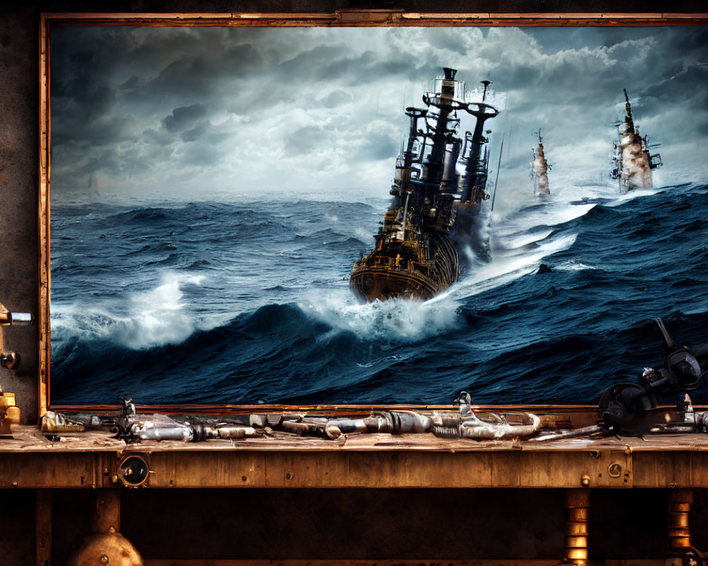 Framed image of two old-fashioned ships in stormy seas