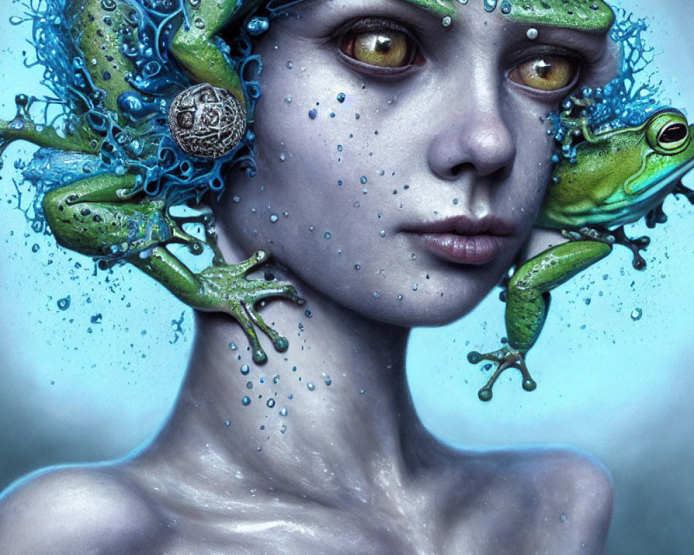 Fantastical artwork of person with blue-tinted skin, surrounded by green frogs and intricate patterns