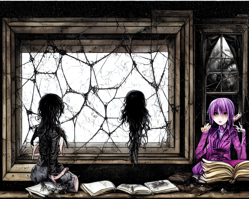 Dark, Moody Illustration of Four Characters in Distressed Room