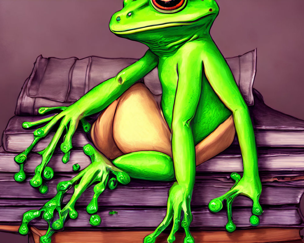 Green Frog Sitting on Books with Thoughtful Expression