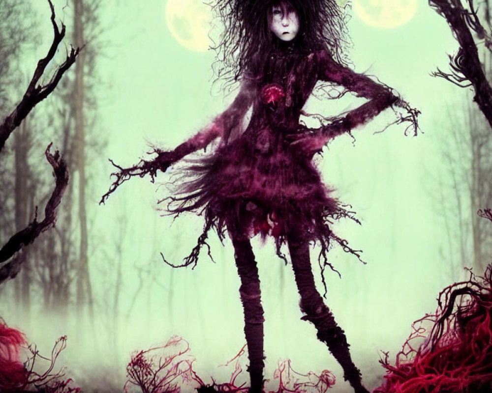 Dark-haired spooky character in misty forest with two moons and bare trees