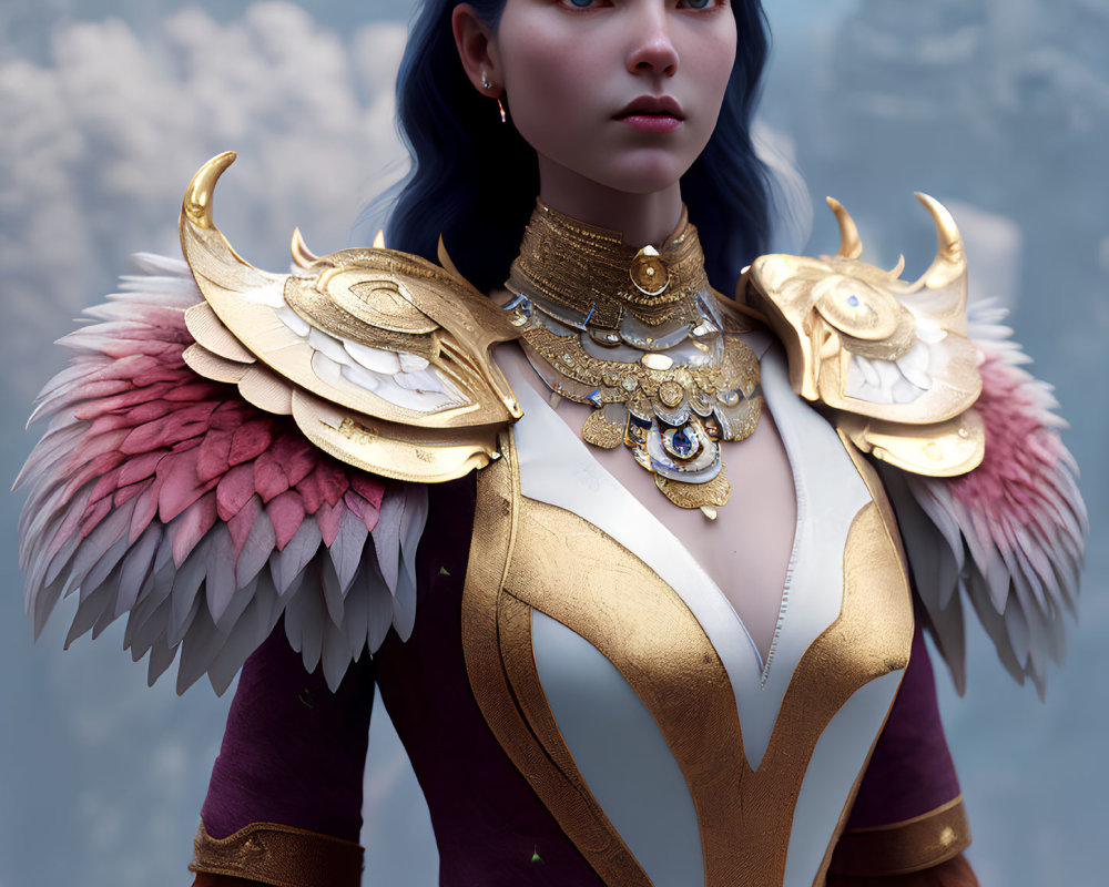 Blue-skinned female elf in ornate gold armor with pink feathers