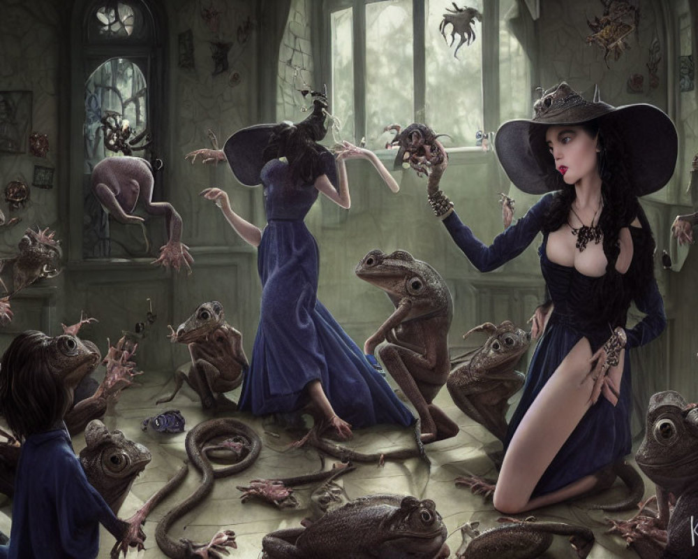 Fantasy scene: Woman in witch costume with frogs in gothic room