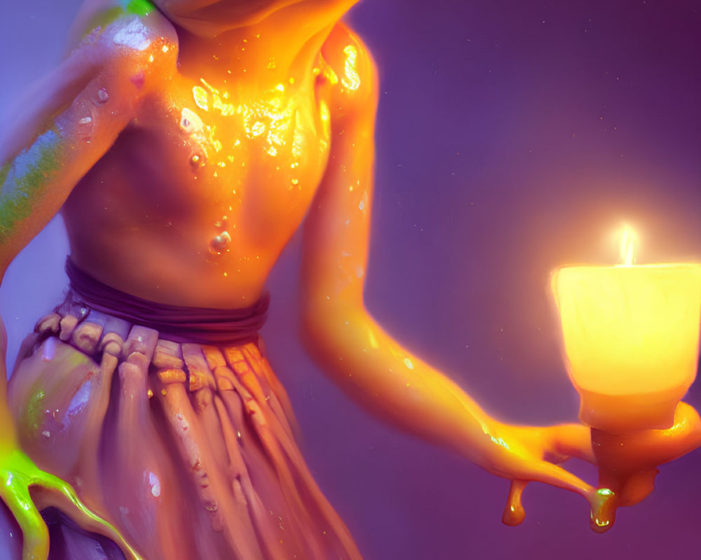 Anthropomorphic frog in skirt holding lit candle on purple background