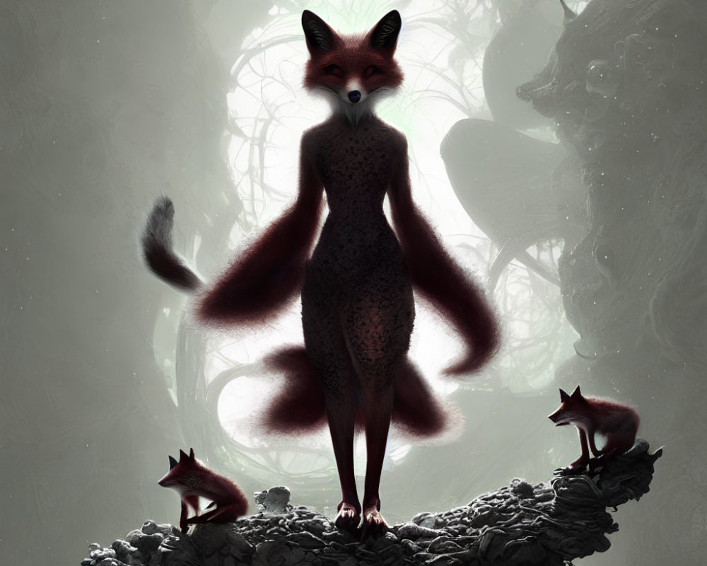 Anthropomorphic fox on rock surrounded by mist and smaller foxes in ethereal light