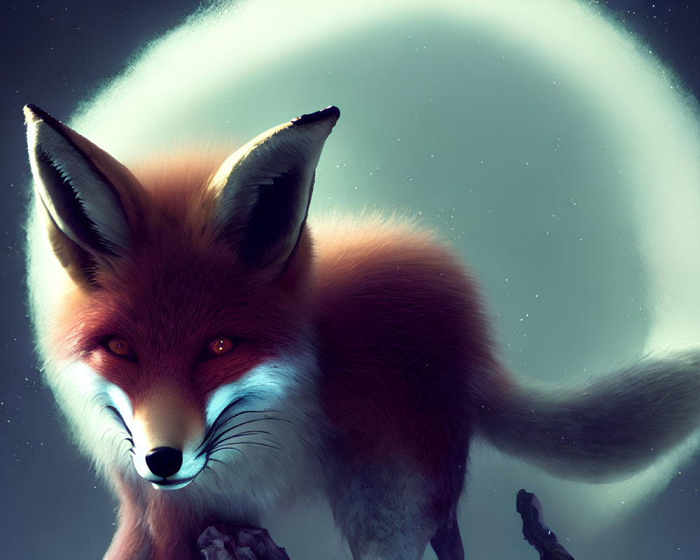 Red Fox with Blue Eyes in Nocturnal Moonlit Scene