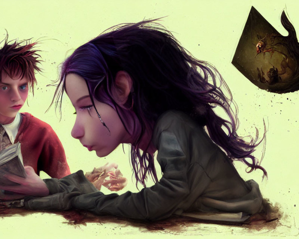 Intense boy and girl with book and purple hair, floating helmet in background