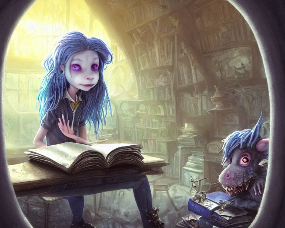 Animated scene: Girl with blue hair reading a large book in a room full of books