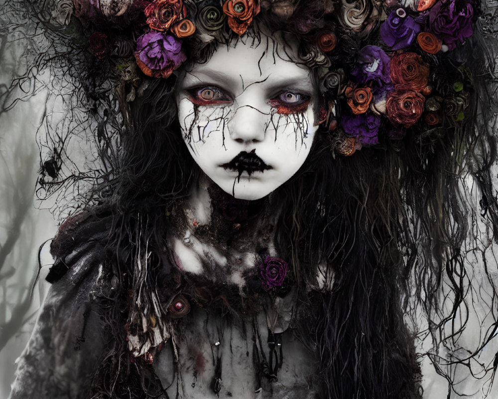 Floral-crowned figure with purple eyes and streaked makeup in a gloomy forest