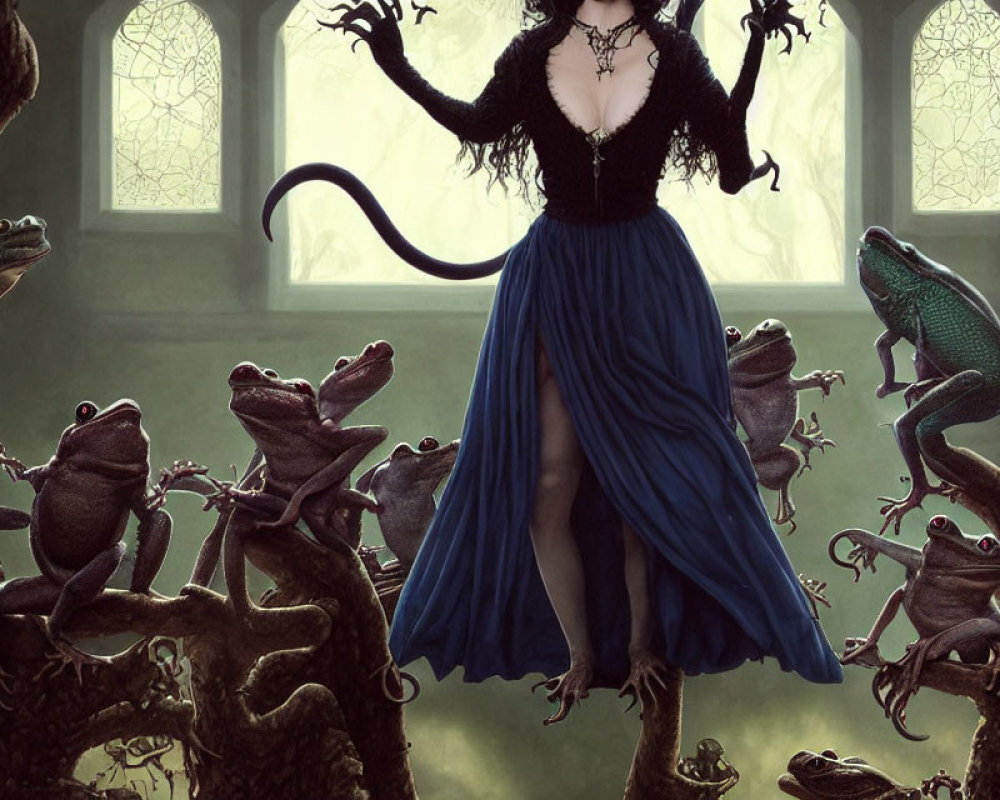 Mystical woman with tentacle arms and frogs in gothic setting