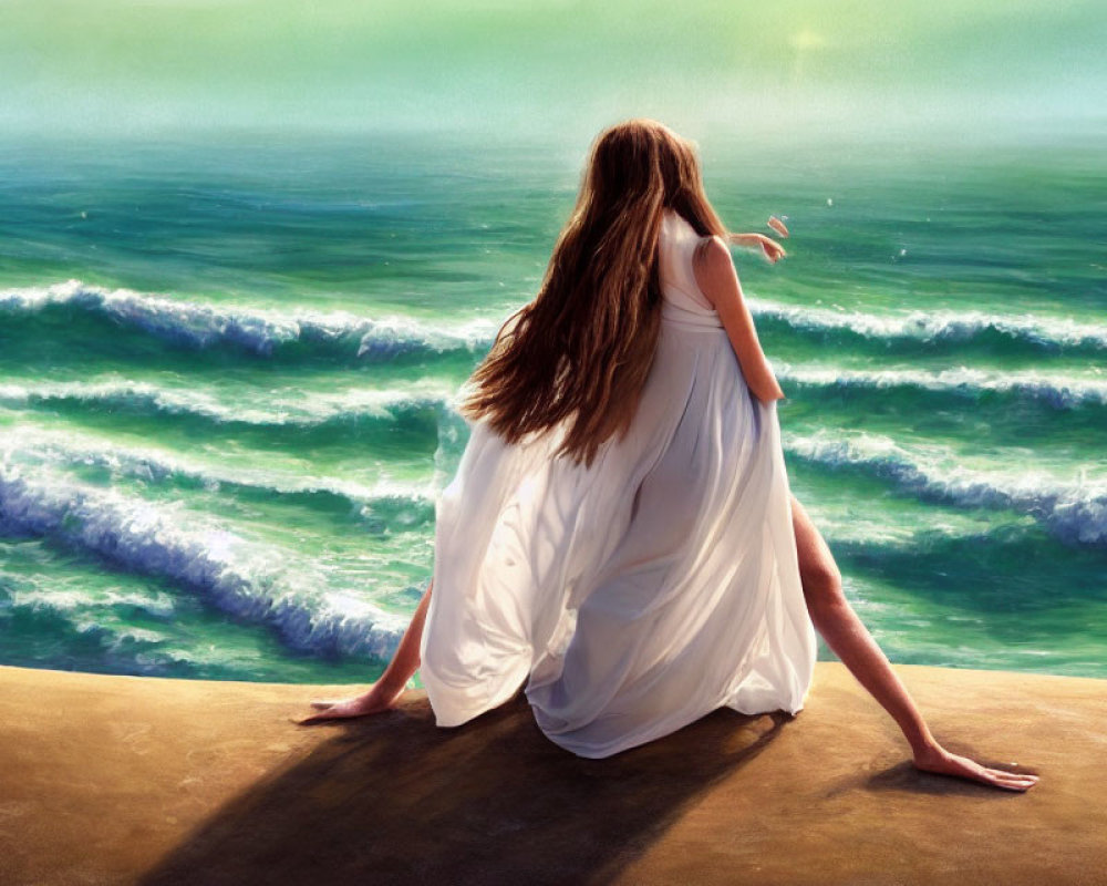 Woman in White Dress Sitting on Ledge by the Sea