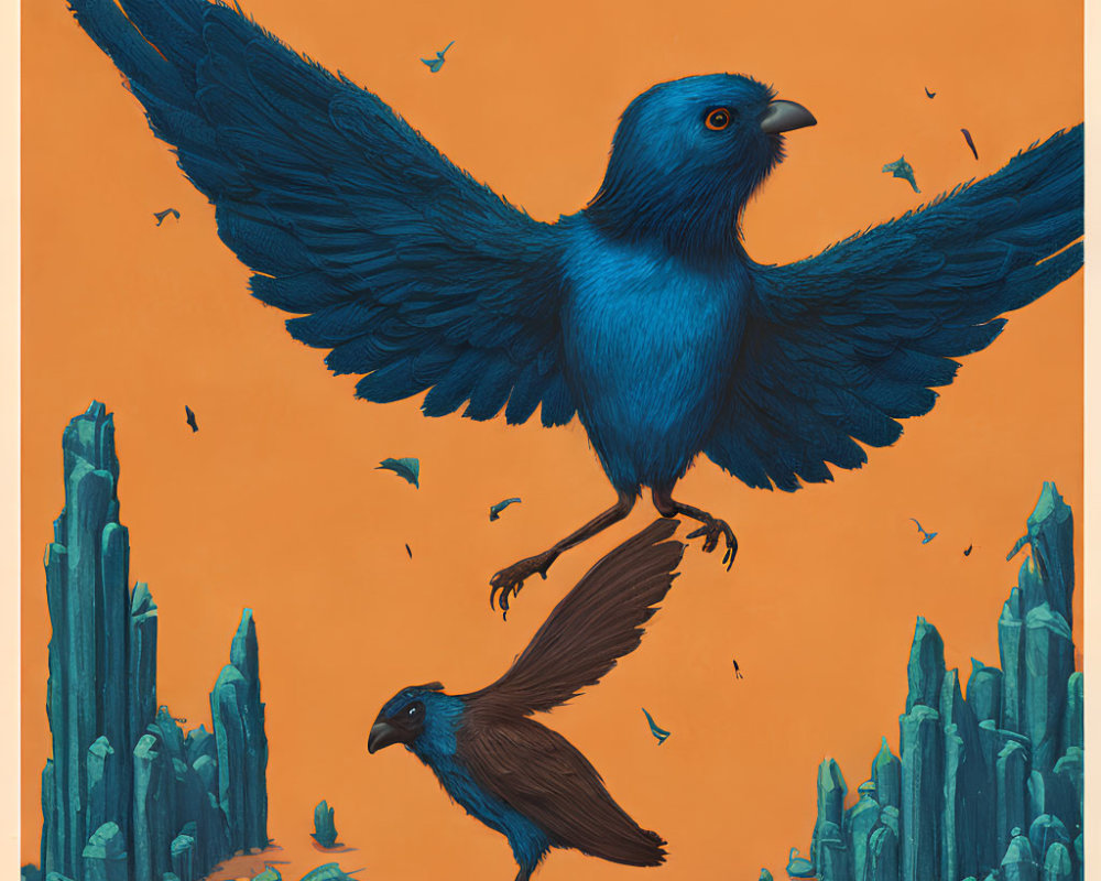 Vivid illustration of two blue birds on crystalline structures against orange background