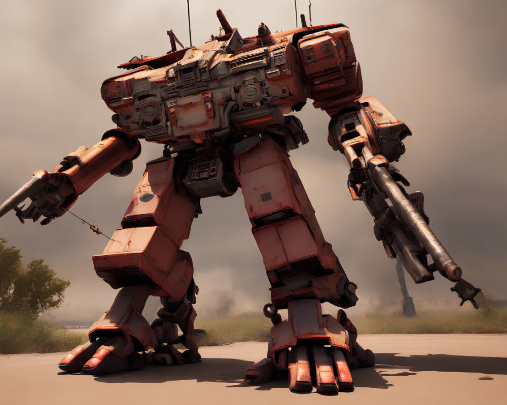 Red battle mech with dual cannons and weathered armor under hazy sky