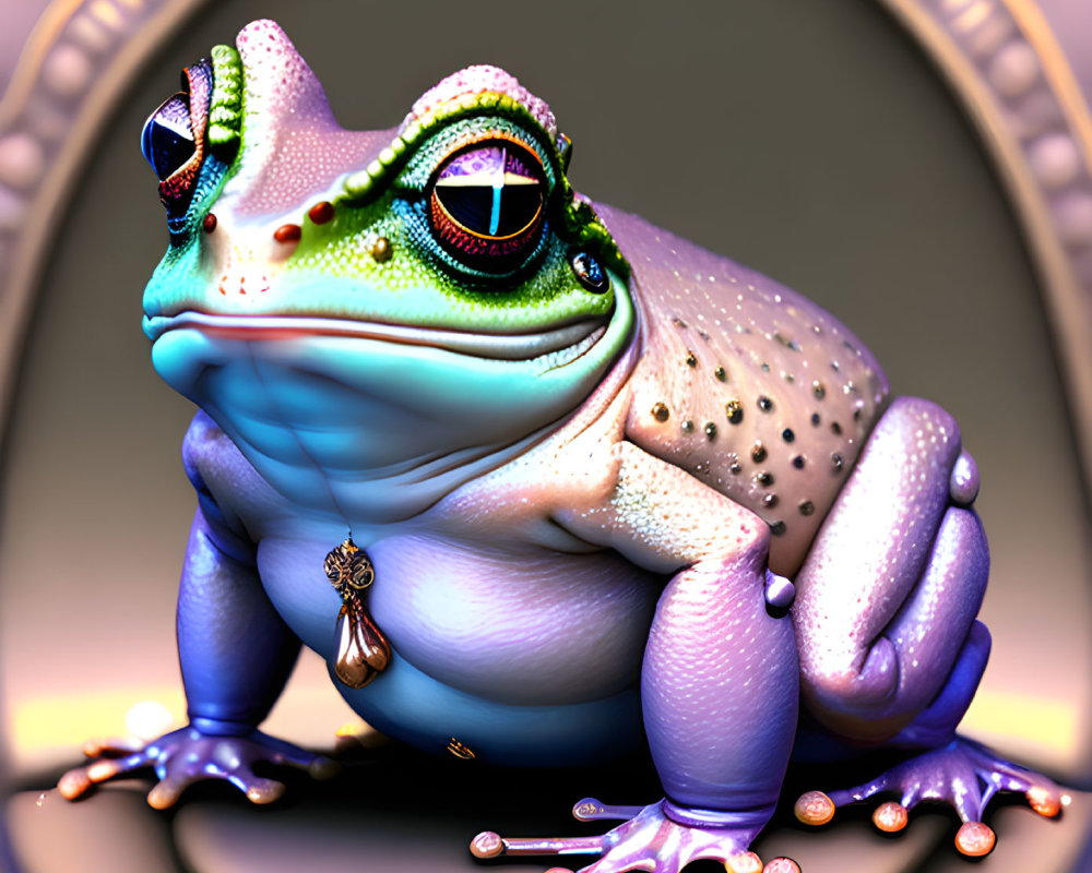 Colorful anthropomorphic frog illustration with expressive eyes and jewels in ornate frame