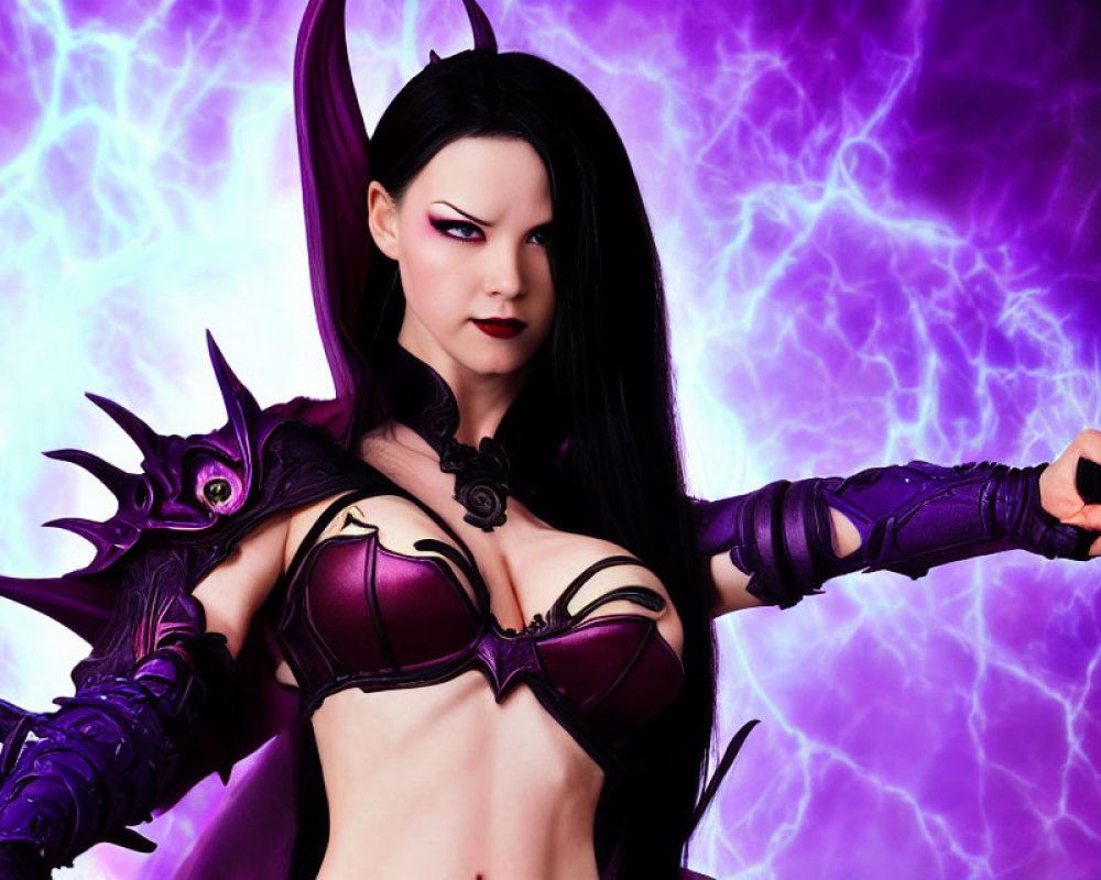 Dark Fantasy Costume with Horns and Purple Armor in Mystical Setting