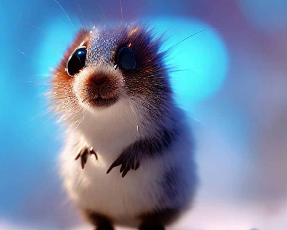 Fluffy animated hamster with big blue eyes in snowy setting