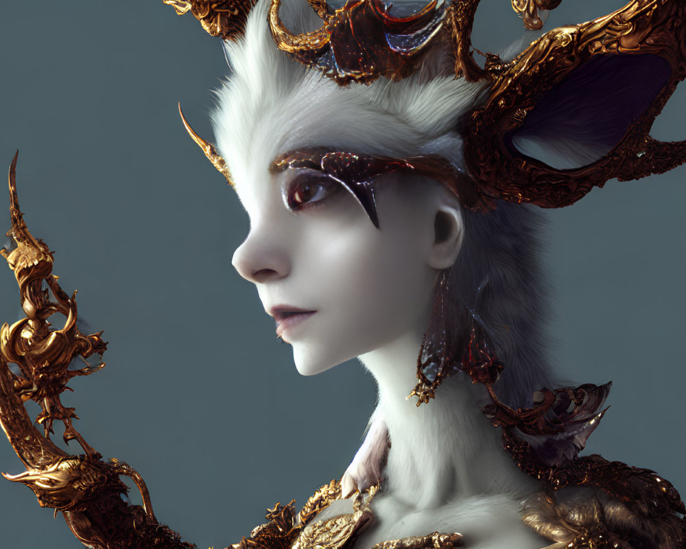 Majestic creature with white fur, golden armor, and antlers