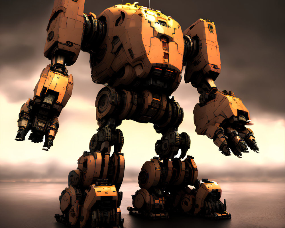 Armored bipedal mech in moody sky scene