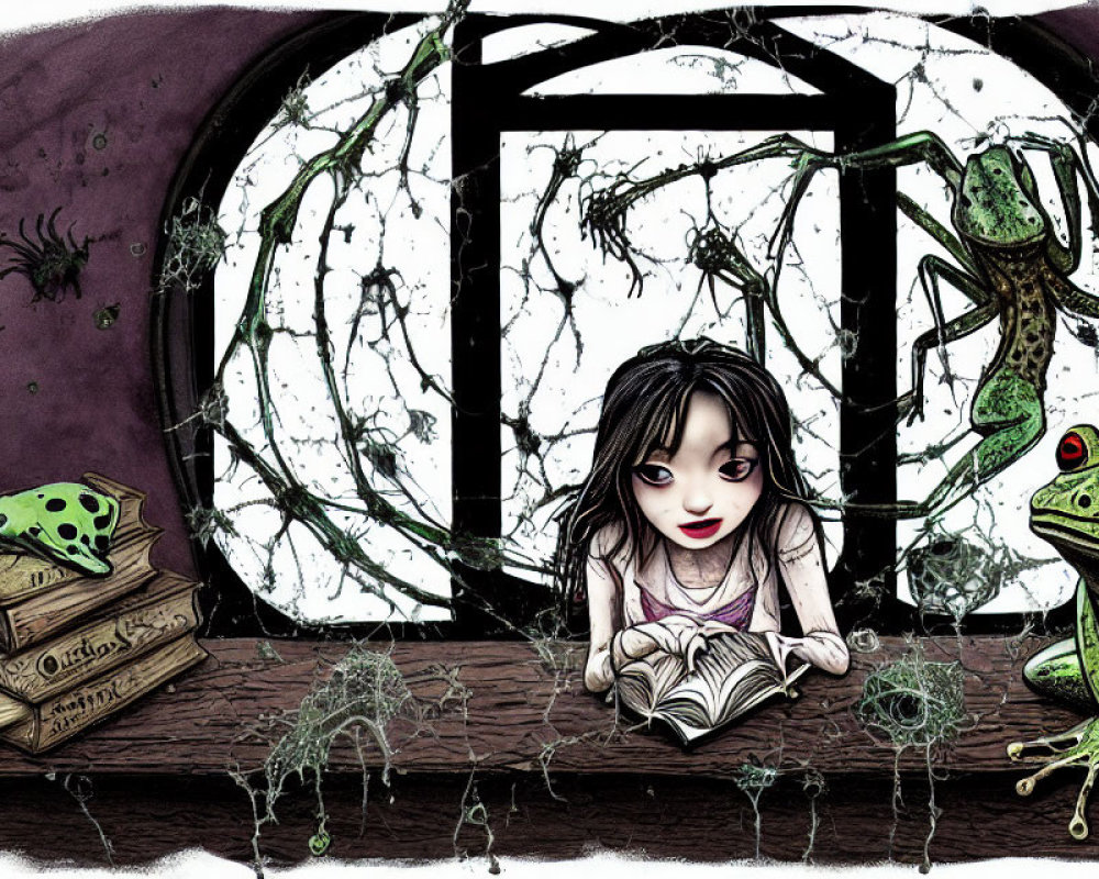 Whimsical illustration of girl, frogs, spider webs, broken window & vines