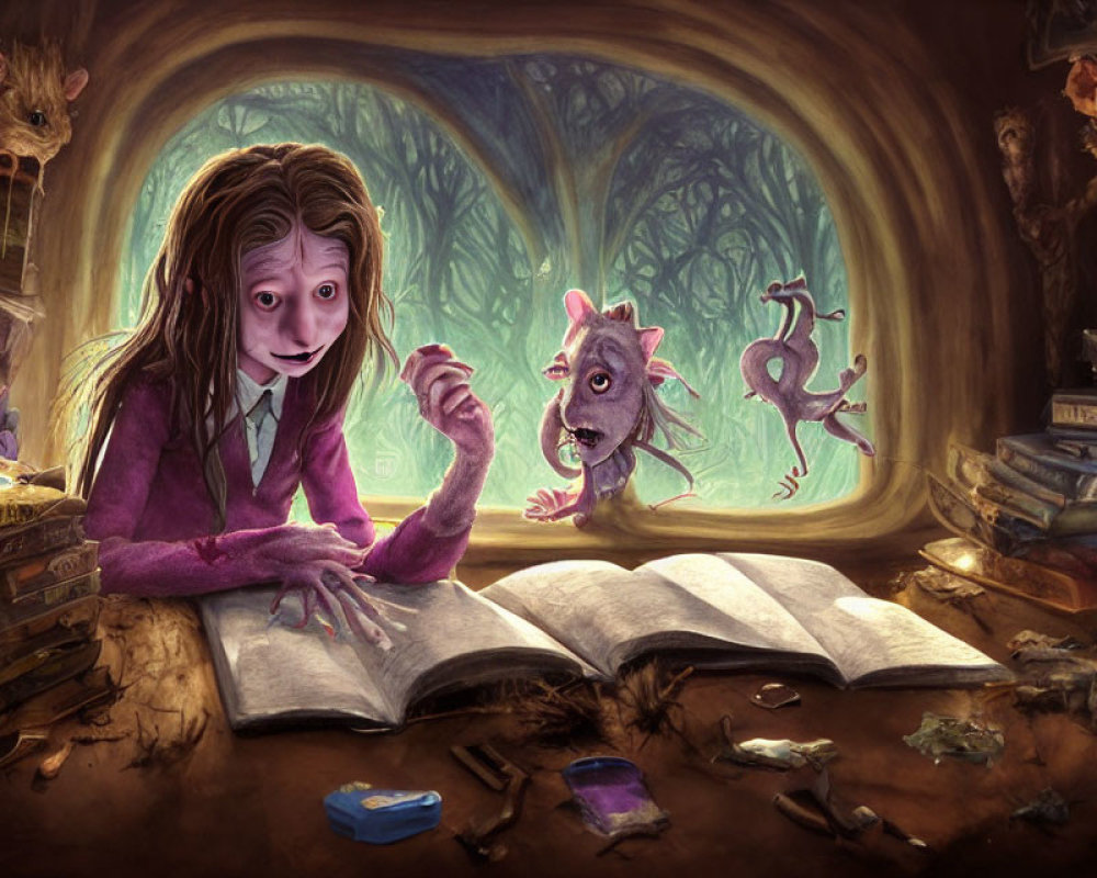 Illustration of girl in forest with study materials, rat, and magical creatures