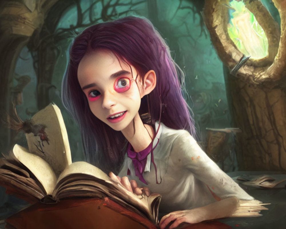 Stylized illustration of girl with purple hair reading book in forest-like room