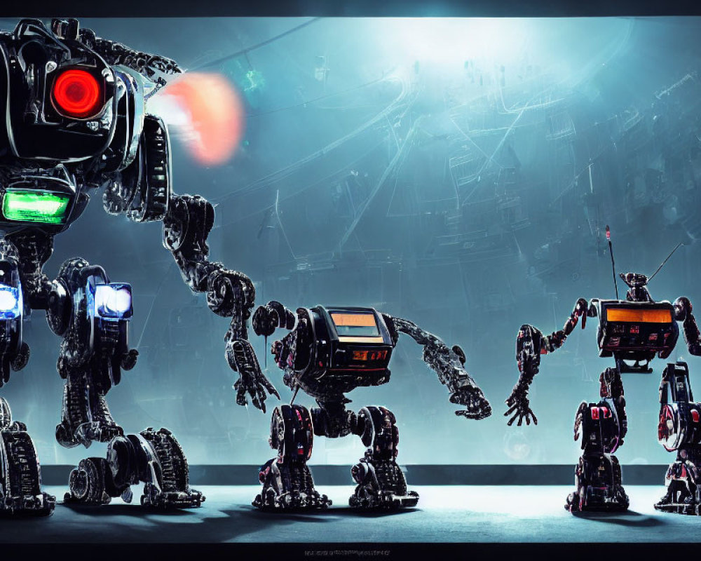 Various sized futuristic robots with screens and lights in industrial setting