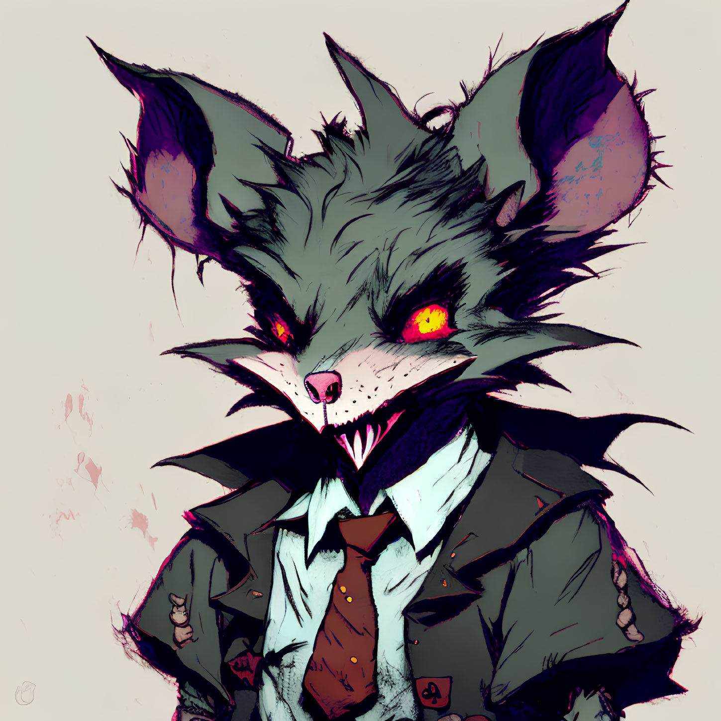 Menacing anthropomorphic rat in suit with red eyes and sharp teeth