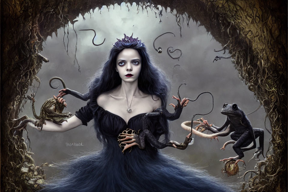 Gothic woman in dark dress with purple flower crown, surrounded by frogs in vine-framed setting