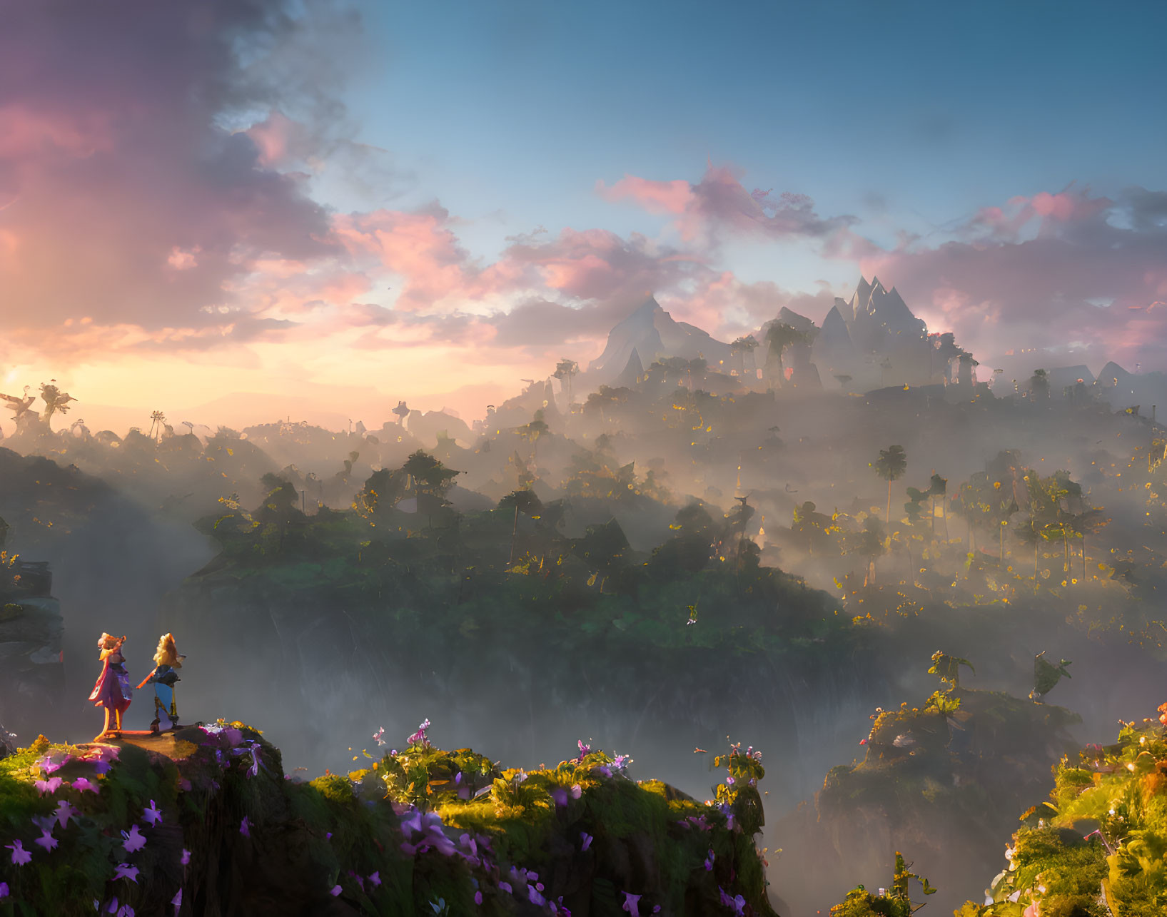 Cliff scene with mystical valley and floating islands at sunrise