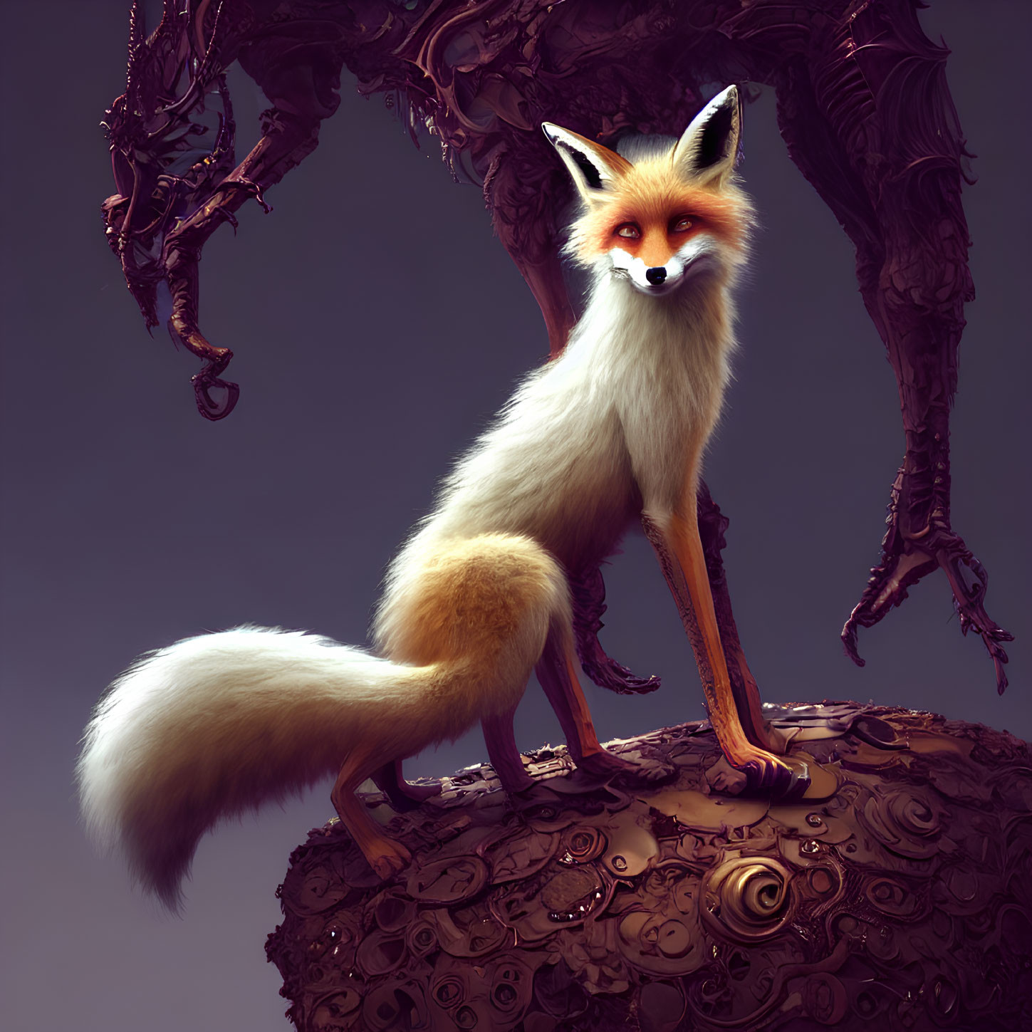 Detailed Illustration: Fox with lustrous fur on mechanical mound under barren tree